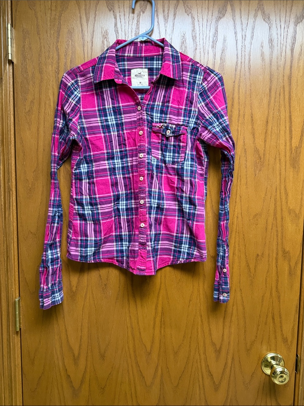 Hollister Hot Pink and Navy Plaid Button-Down Shirt
